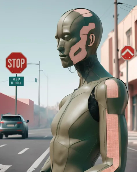 a khaki digital human made of Leather inspired by 3d art,  Beeple, cinema 4 d, cyberpunk art, net art , in a stop sign sitting on the side of a road