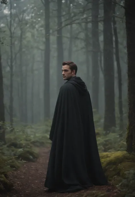 Homem misterioso com capa encapuzada no topo de uma montanha, vestido com um manto preto, wearing a flowing robe, vestindo um manto preto, Yuri Shwedoff e Tom Bagshaw, um manto preto, capa preta, elegant cinematic fantasy art, dark cinematic concept art, A...