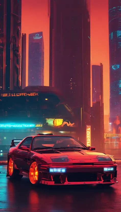 Cyberpunk-style sports car, colored in black and neon, featuring intricate and complex mechanical structures with glowing parts. simple background, Lighting style: street light. Fancy words: powerful, sleek, futuristic, reinforced metal chassis, Mazda RX7,...