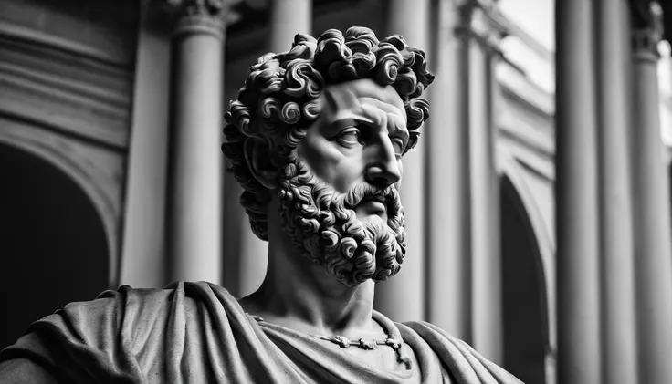 a portrait statue of the stoic Marcus Aurelius in black and white 4K,Face de lado, papel de parede super realista , sem camisa, Sintura,corpo forte,strong upper arms,