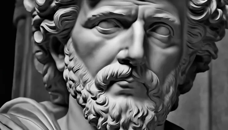 a portrait statue of the stoic Marcus Aurelius in black and white 4K,Face de lado, papel de parede super realista , sem camisa, Sintura,corpo forte,strong upper arms,