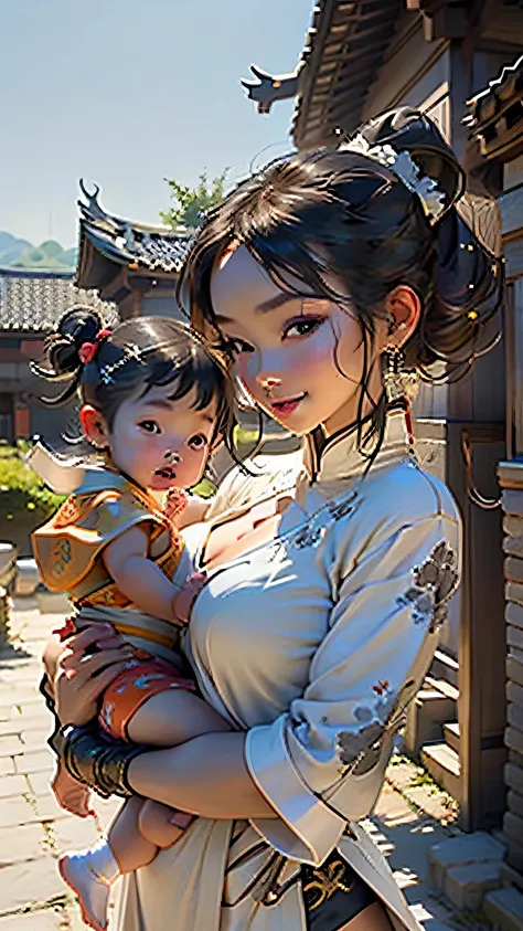 {{Masterpiece, Best Quality, extremely detailed CGI, Unity 8k壁纸, Cinematic lighting}}, Traditional Chinese ink painting, 1girl, 1 infant, Young woman holding baby in her arms, full - body, Ancient architecture, blue skies, Sunny day, Wooden architecture, O...