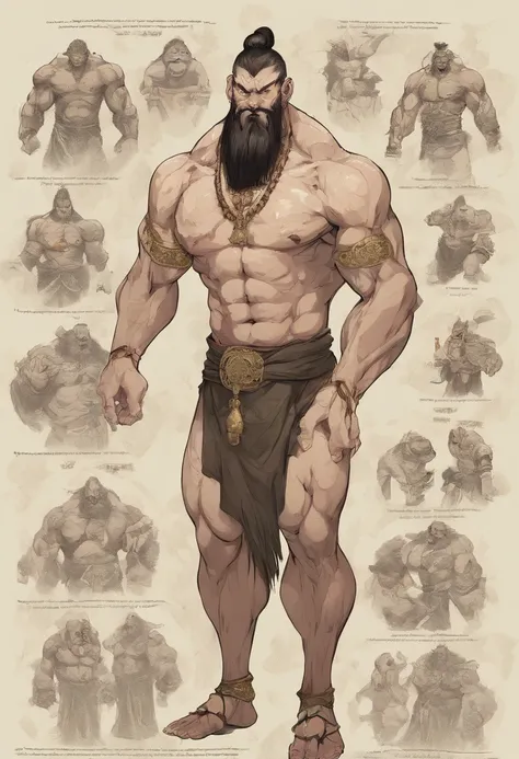 (full body portrait)), a huge chinese monk, good at martial art, hyper muscular, giant body, fat, beard, bald, 40 years old, angry, naked, wide shoulder, bulging muscles, standing straight, exposing his muscle, savage, (((masculinity))), striking, (((Nine-...