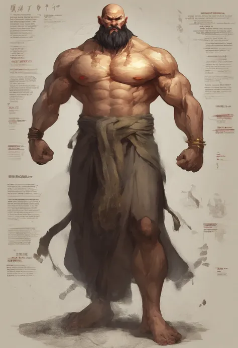 (full body portrait)), a huge chinese monk, good at martial art, hyper muscular, giant body, fat, beard, bald, 40 years old, angry, naked, wide shoulder, bulging muscles, standing straight, exposing his muscle, savage, (((masculinity))), striking, (((Nine-...