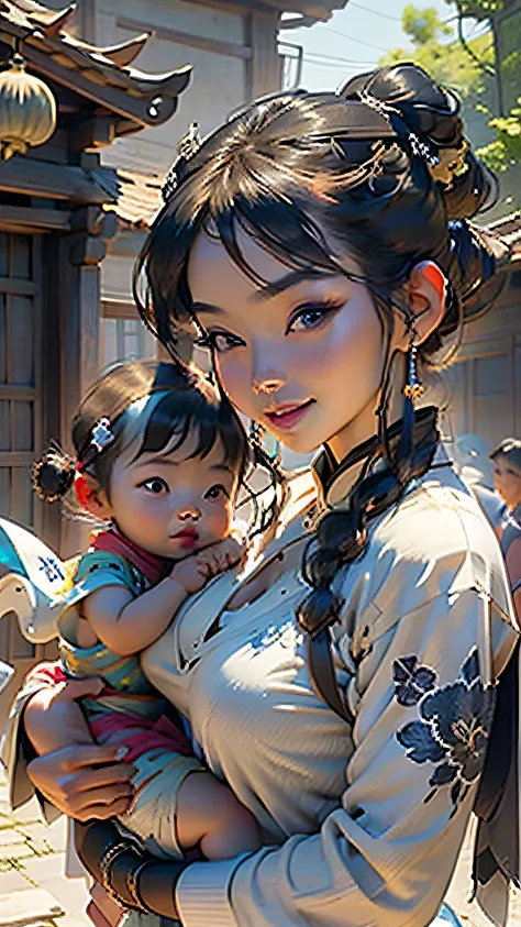 {{Masterpiece, Best Quality, extremely detailed CGI, Unity 8k壁纸, Cinematic lighting}}, Traditional Chinese ink painting, 1girl, 1 infant, Young woman holding baby in her arms, full - body, Ancient architecture, blue skies, Sunny day, Wooden architecture, O...