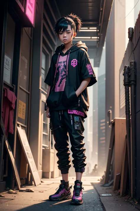 young boy on the street, 9 yo, 9 years old, black hair , pink hoodie, short sleeve, pullover hoodie, cyberpunk samurai, cyberpunk knight, very beautiful cyberpunk samurai, portrait of a cyberpunk samurai, fashionable cyberpunk mechanoid, cyberpunk robot, a...