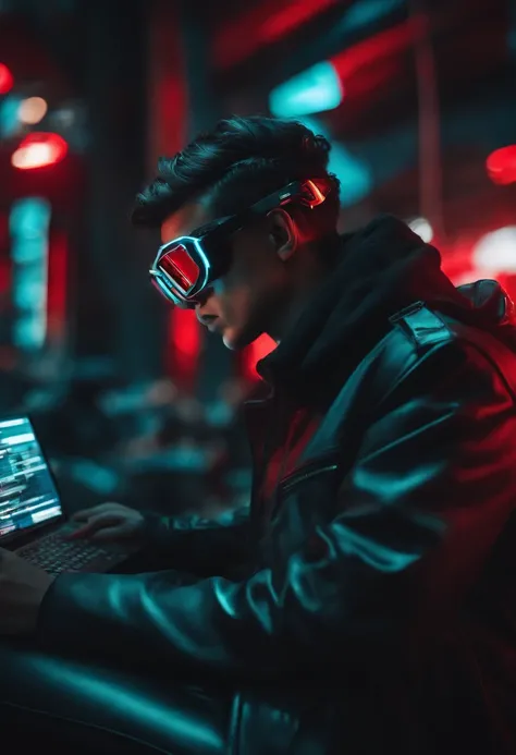 hacker cyberpunk, holding in your hands futuristic notebook,  usando uma capa longa ao vento vermelho escarlate, wearing an augmented reality glasses, cinemactic, 4k, zoom