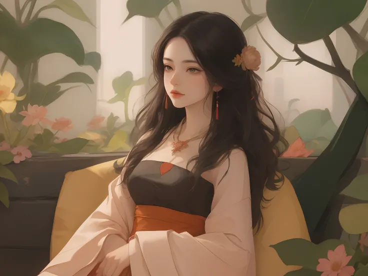 1 flat-chested girl，Close-up of upper body portrait，Flat and slim body，flatchest，Black color hair，floated hair，Hazy beauty，Extremely beautiful facial features，Burgundy embroidered tulle soft dress，with a hairpin on her head，Lie in white flowers，Surrounded ...