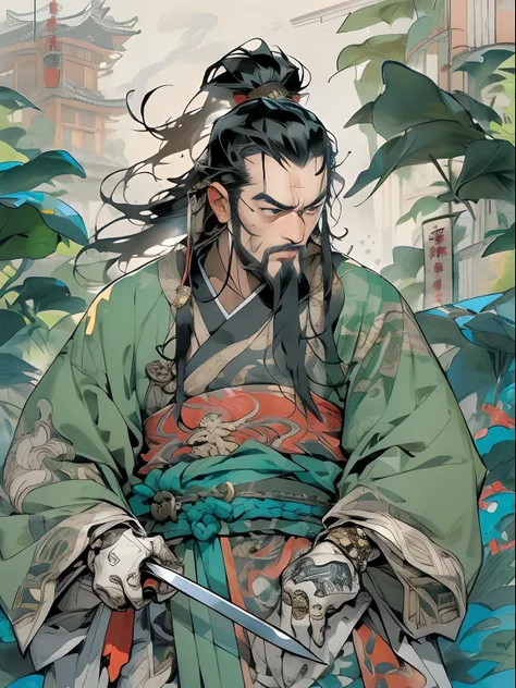 (((China-style，Ink painting method，Half-length portrait，Intense color，Han dynasty, China，Hanfu，Armor，Guan yu，Guan Yunchang，of a guy，Ruddy killing square face，Hold the Blue Dragon Moon Knife in his right hand，Stroke your beard with your left hand，Long hair，...