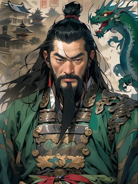 (((China-style，Ink painting method，Half-length portrait，Intense color，Han dynasty, China，Hanfu，Armor，Guan yu，Guan Yunchang，of a guy，Ruddy killing square face，Hold the Blue Dragon Moon Knife in his right hand，Stroke your beard with your left hand，Long hair，...