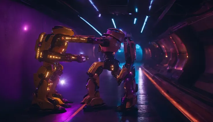 super technological 8k underground robot with lots of purple lights