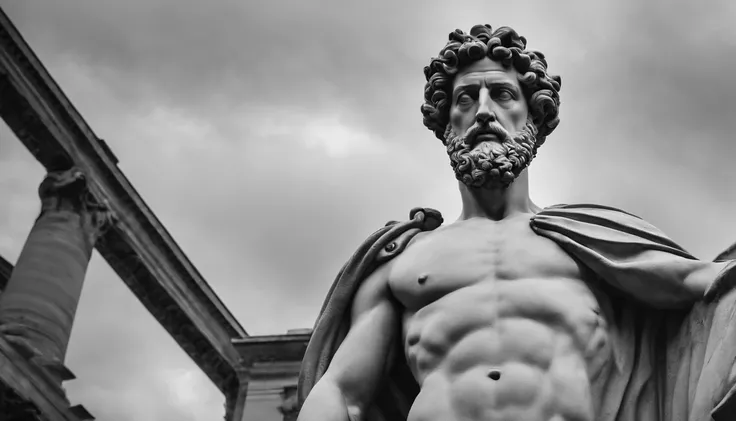 a portrait statue of the stoic Marcus Aurelius in black and white 4K,Face de lado, papel de parede super realista , sem camisa, Sintura,corpo forte,strong upper arms,tronco forte