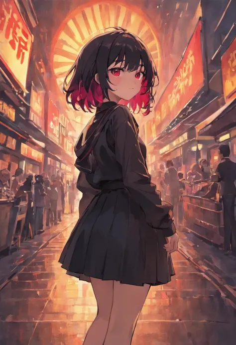 Girl looking back smirking, black hair, dark red eyes,  black shirt, black mini skirt, standing, looking back at the viewer, sun setting, sun setting sky, evening sky, busy road, high quality eyes