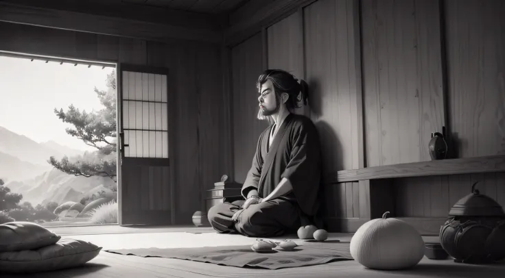 meditation miyamoto musashi on a clam place, black and white , manga , nature, high contrast , painting