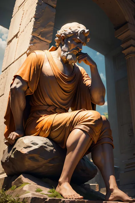 A statue of the Stoic thinker Seneca with his hand on his chin, em forma de pensamento, sentado em uma rocha. Senecas position must be of profile, ou seja, de lado e mostrando, ao fundo, as paredes de um templo. Make the image with shades of brown and dark...