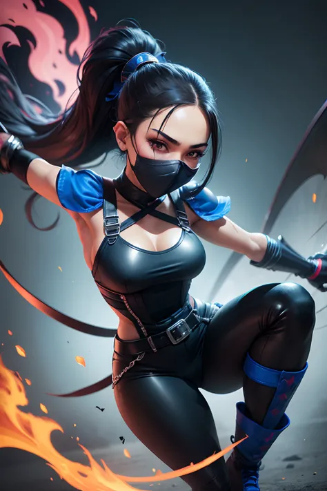 estilo cartoon caricatura fofa, menina de pele branca, ocidental, cabelos cacheados marrons, com armadura de ninja azul completa, sem decote, Blue ninja mask covering face , Black pants with overalls and long blue boots up to the knees, holding fan made of...