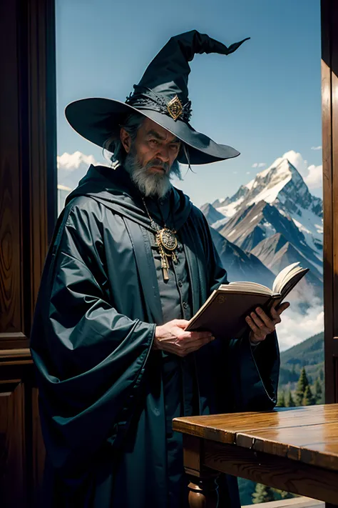 A man who is a mysterious old wizard, wearing an ornamental black robe and pointy hat, standing behind a table, holding an open book, background is a single mountain in distance, mood is diplomatic, regulated, temperate, daytime light, character design