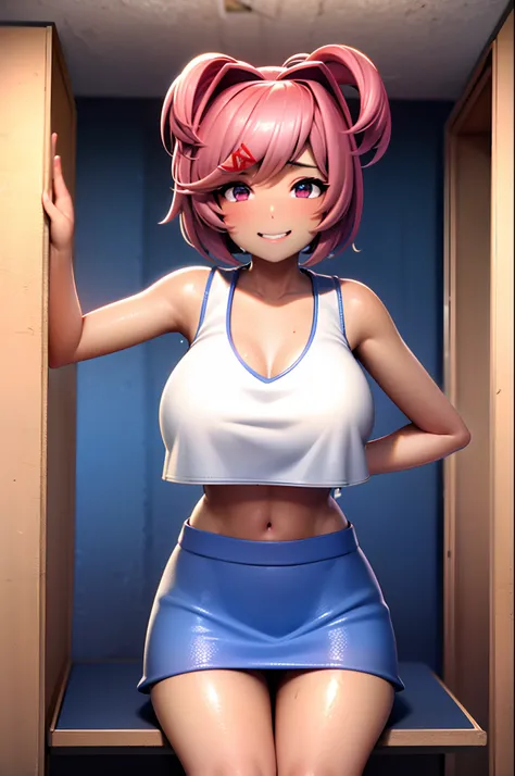 natsuki sitting in a locker room, white crop top, ((blue mini skirt)), looking at viewer, big smile, sweating, shiny skin, tanned skin, orange skin, cleavage, large boobs, dutch angle, manga cover, 4k, masterpiece