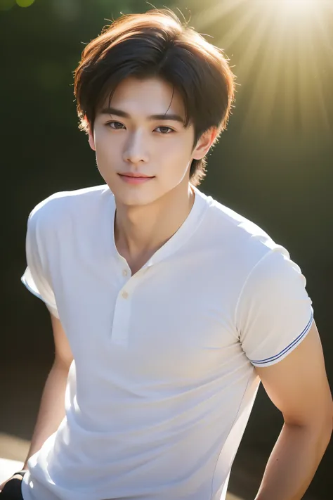 top-quality, ​masterpiece, 超A high resolution, (realisitic: 1.4), Original photo, wall-paper, Head Photo, The skin, simple background, Black eyes, detaileds, selfy, 1 boys, 18 years old, a handsome, breezing, rays of sunshine, Duan、a room、Amazing handsome ...