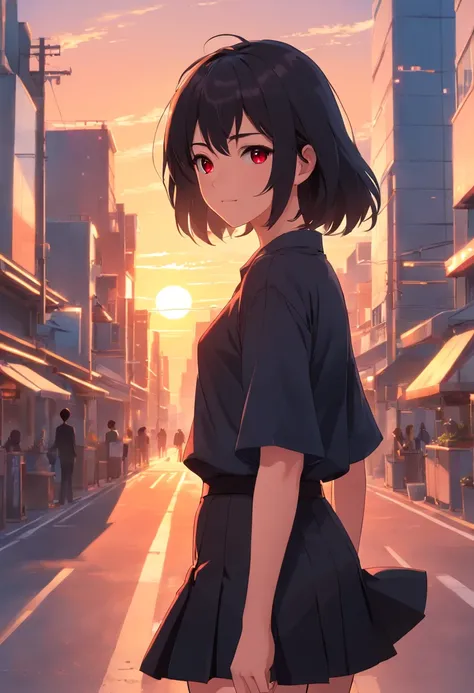 Girl looking back smirking, black hair, dark red eyes,  black shirt, black mini skirt, standing, looking back at the viewer, sun setting, sun setting sky, evening sky, busy road, high quality eyes, highly detailed eyes