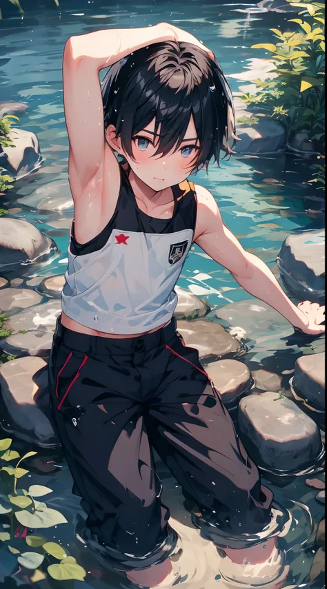 10-year-old boy，(showing armpit:1.3),  shirrless, sitting in water，Stones and water splashed on him, vests，shorter pants，small stream，Sideslit，Shinkai sincerely，Pisif，best qualtiy，8K, 4k, uhd