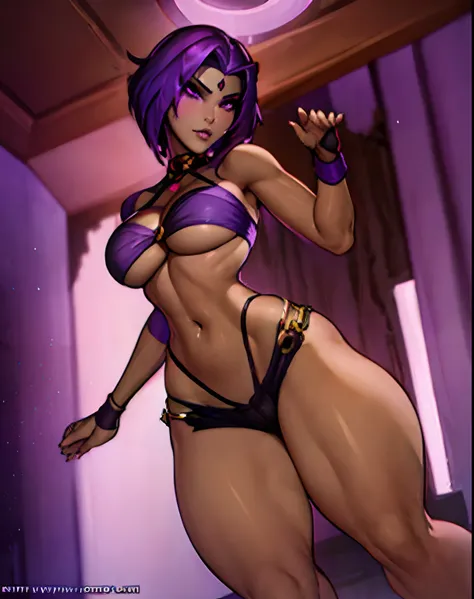 Raven Teen Titan, Fitness model, dark tan skin, long legs, thick body, ((full body portrait)), (baggy black crop top), (purple shorts), depth of field, cinematic lighting, anatomically correct, high detail, UHD, textured skin, dynamic angle, beautiful face...