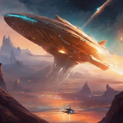 a uma nave espacial voando sobre solo rochoso, Inspirado em Sparth, Epic spaceship scene, Estilo Sparth, The spacecraft flies too far, star citizen digital art, sci - fi illustrations, sci-fi illustration, arte sci-fi detalhada, in sky, spaceship, Spaceshi...