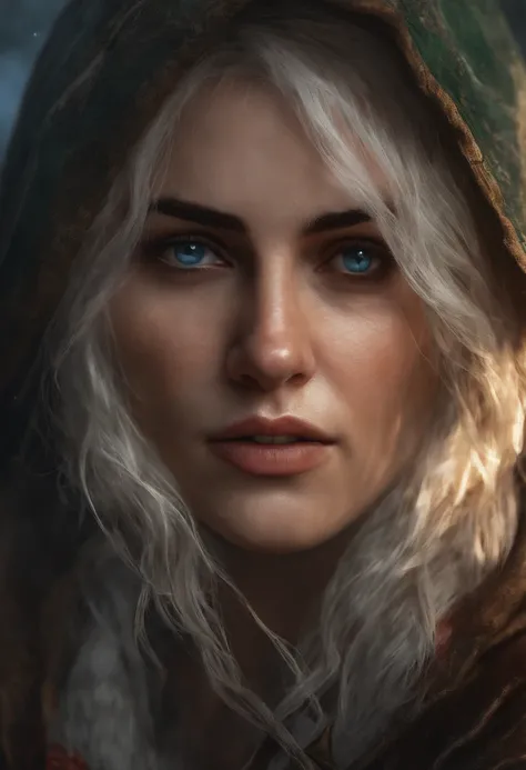 ciri from the witcher 3, midshot, tetradic colors, inkpunk, enlightenment, 4k resolution, intricately detailed, cinematic, detailed symmetric eyes, intricate details, beautiful detailed intricate face, Carne Griffiths and Wadim Kashin, concept art, ominous...