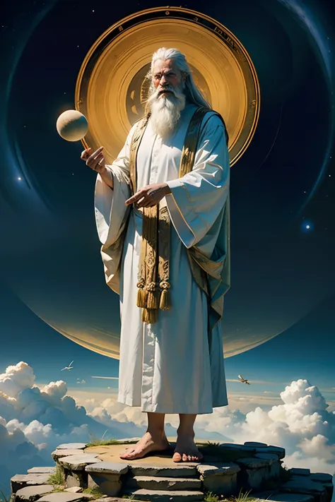 A man who is an old Greek God, wearing flowing robes and white hair and long beard, holding the planet Saturn in his hand, background is a open field with a stairway to heaven, mood is affirmative, consummate, majesty, fullness, daytime light, character de...