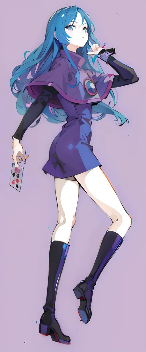 Long blue hair、Anime girl with black boots, !!Full body portrait!!, Full body!, anime woman fullbody art, full body portrait of a short!, anime full body illustration, she has purple hair, portrait of a full body, sona is a slender, 2 d anime style、Anime i...