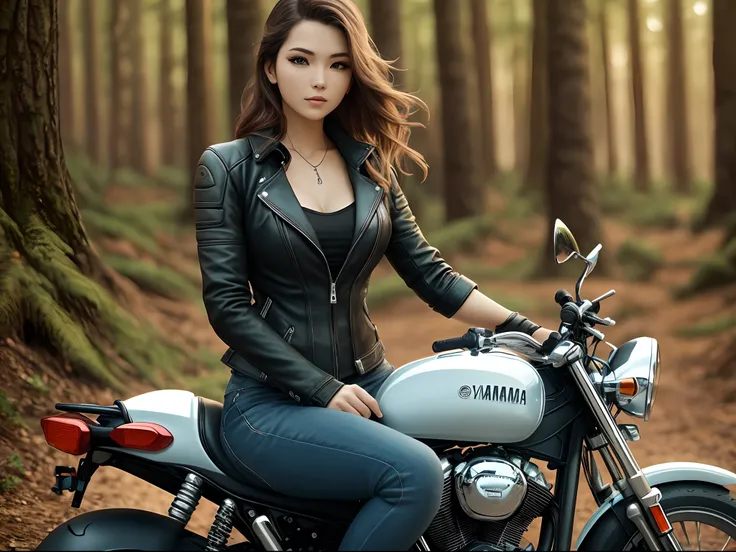 Very attractive woman sitting on a motorcycle. The bike is Yamaha. In the background is a forest, , spread your legs --auto --s2