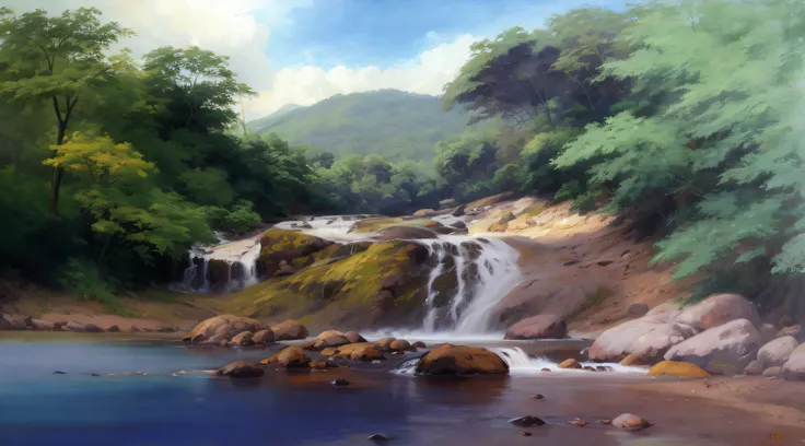 painting of a waterfall in a forest with stones and trees, 8k resolution digital painting, 8k resolution digital painting, pintura digital bonita, lindo pintura digital, pintura digital de alta qualidade, Pintura digital 4k, Pintura digital 4K, pintura dig...