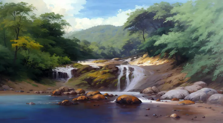 painting of a waterfall in a forest with stones and trees, 8k resolution digital painting, 8k resolution digital painting, pintura digital bonita, lindo pintura digital, pintura digital de alta qualidade, Pintura digital 4k, Pintura digital 4K, pintura dig...