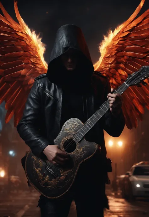 realistic, 4k, cinematic, an angel with big wings on his back, a guitar in his hand, black clothes, a sword, a hood on his head in the background image of war city (chaos), masterpiece