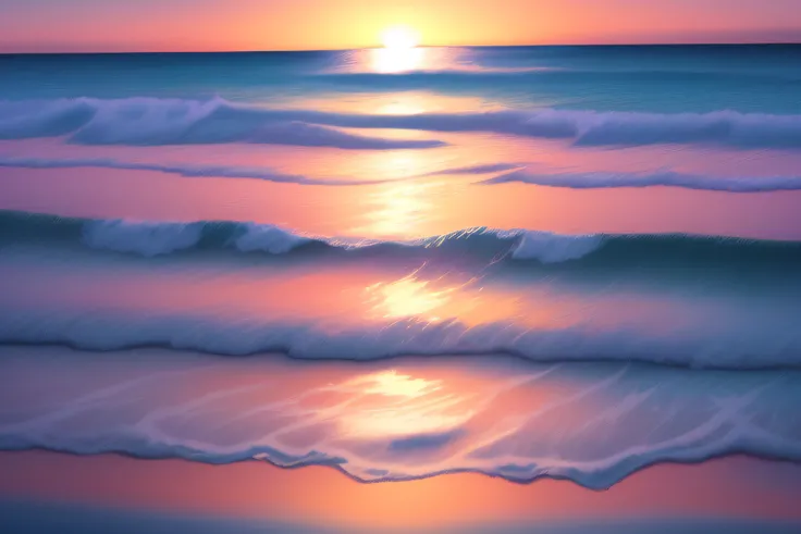 vibrant colors, serene atmosphere, calm waves, gentle ripples, sparkling sunlight, tranquil sea surface, deep blue hues, vastness, no boundaries, endless horizon, anime style, small waves ocean, medel of ocean,