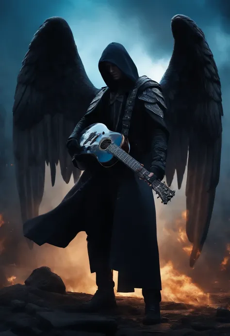 realistic, 4k, cinematic, an angel with big wings on his back, a guitar in his hand, black clothes, a sword, a hood on his head in the blue  background image of war city (chaos), masterpiece