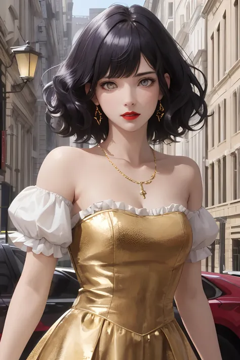 8k, best quality, masterpiece, highly detailed, semi realistic, a girl, young woman, 20 years old, dark blue short hair, curly hair, Blunt Bangs,purple eyes, red lips, gorgeous Rococo style court dress, strapless skirt, cross tie vest, bare shoulders, arm ...