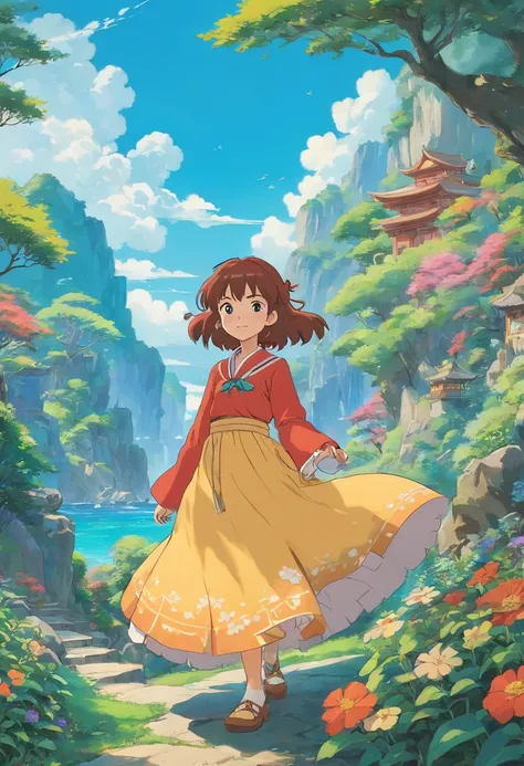 uma menina usando um colar de anime, um colar longo e brincos, no estilo de paisagens de jardim tranquilas, animated color photos, Masami Teraoka, aquamarine, Paulo Gauguin, Estilo Embry, retrato honesto