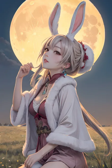 masutepiece, Best Quality, ultla detailed, Realistic, hight resolution, 8K, grassland, full moon, Rabbit costume are looking up at the full moon