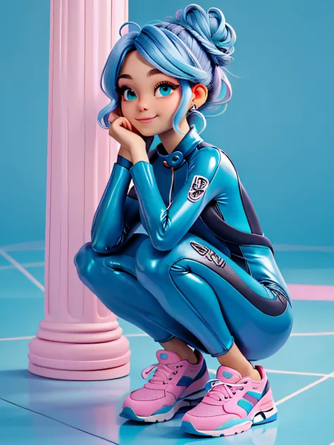 uma loli menina, Your hair is stuck in a messy bun, dreads, rosa e azul mesclado, catsuit, sneaker, corpo inteiro, The background is filled with a pastel shade of light blue, evoking a sense of lightness and happiness.