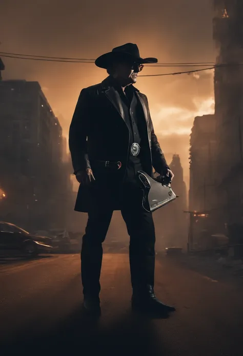 (best quality,4k,8k,Alto,master part:1.2),ultra-detalhado,Realistic,xerife cyberpunk Johnny Cash,glowing neon lights,leather jacket,cybernetic arm,cowboy hat,olhos expressivos,restolho de prata,paisagem urbana arenosa,retro-futuristic setting,Smoke-filled ...