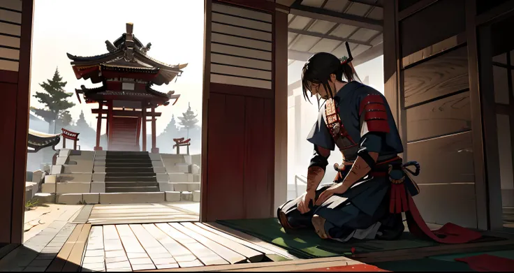 Defeated samurai warrior with scarred and dirty armor kneeling in front of temple