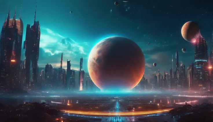 3D-rendering, fundo da cidade cyberpunk, Panorama macro, ((wide panoramic wallpaper, 4k high definition, Realistic))sky with planets and stars.