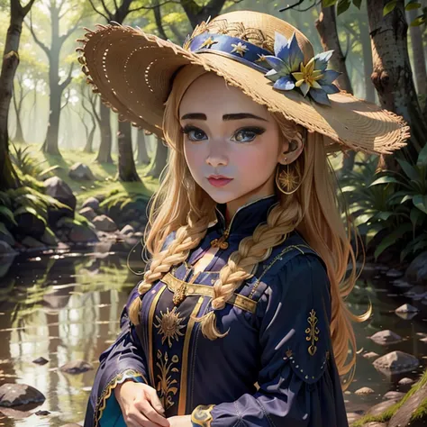 uma menina，beautiful face，Olhos brilhantes bonitos，longos cabelos loiros，Wearing a large-brimmed hat、Golden Hair Accessories and Star Earrings，Um lindo vestido azul，The dress is decorated with gold patterns and lace finish。Sit quietly at the waters edge in...