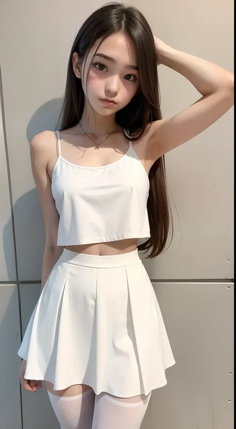 16 year old girl, thin, spaghetti strap tank top, skirt, holding_the_hem_of_her_skirt, white pantyhose, very long hair