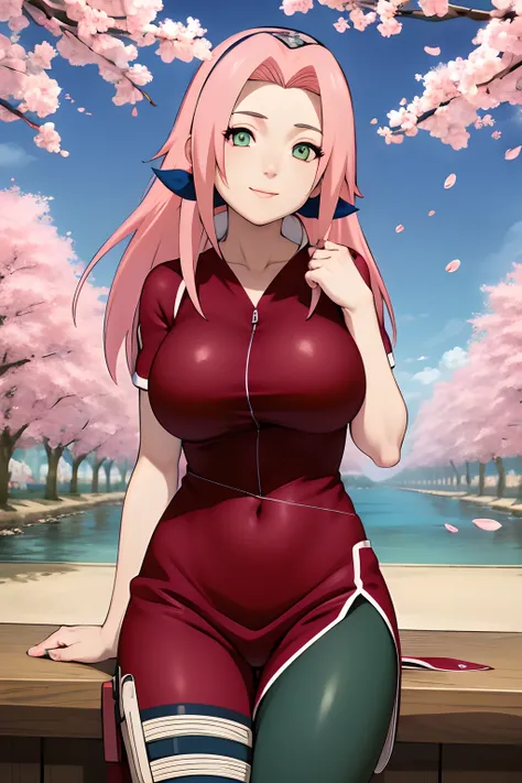 tmasterpiece， best quality at best， 1girll， sakura haruno， large breasts, smile，with pink hair， long whitr hair， （green eyeballs...