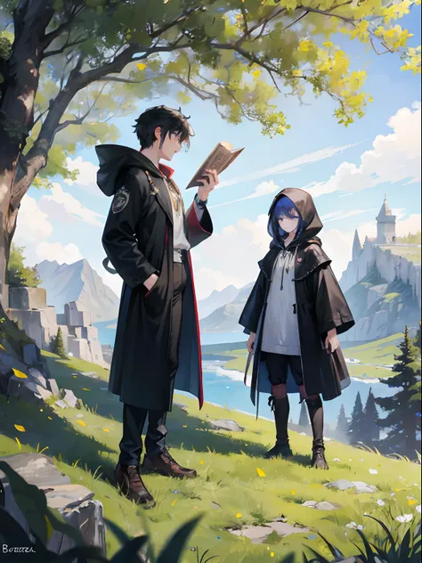 This panel shows Raven and Hoodie reaching the crest of the hill. They both have an excited and adventurous demeanor. Raven, still holding the treasure map, bends down to examine a spot beneath a tree. He wears a focused expression, as if he believes this ...