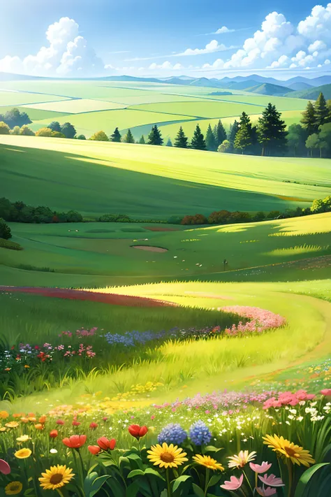 A painting of a springtime landscape, open field, green grass, wild flowers, a rabbit in the grass, early morning light.