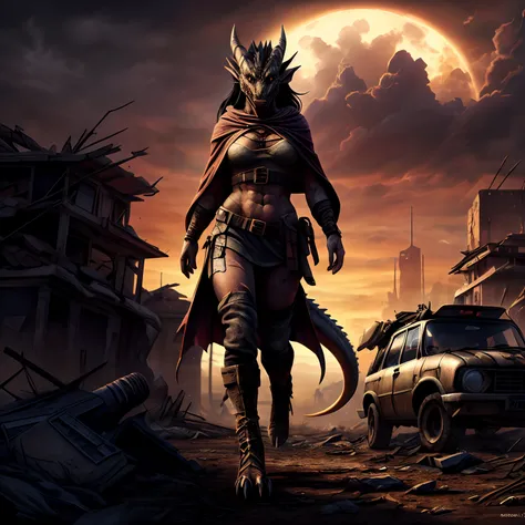 (best quality, highres, realistic:1.37), Draconid, scalie, Anthro-Dragon Body, shapely body, Female anthropopathy, long slim legs, Long black hair, membranous ears, postapocalyptic wasteland, grey sky, raiders clothes, tattered cloak, warm colours