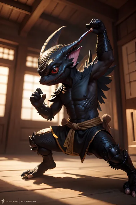 fantasy D&D art, winged small black lizard kobold monk, fighting pose in a dojo